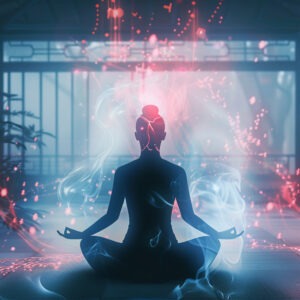 A serene meditating figure sitting in lotus position, ethereal blue and white energy flowing outwards, dissolving red pain signals, Vajrayana Buddhist temple in soft background, minimalist medical symbols, subtle neural pathways visualization, zen garden elements, muted color palette, cinematic lighting, anatomical illustration style --ar 16:9 --v 6 Job ID: 597386f7-2faf-4ad5-ab9a-39595dfba0df